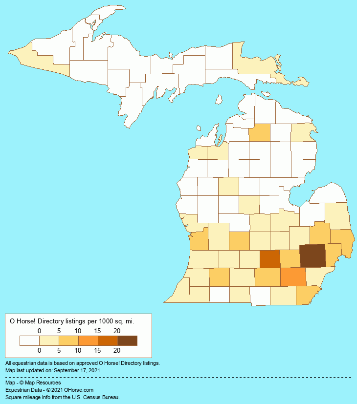Michigan Horse Boarding Stables & Livery Yards Population Map - O Horse!